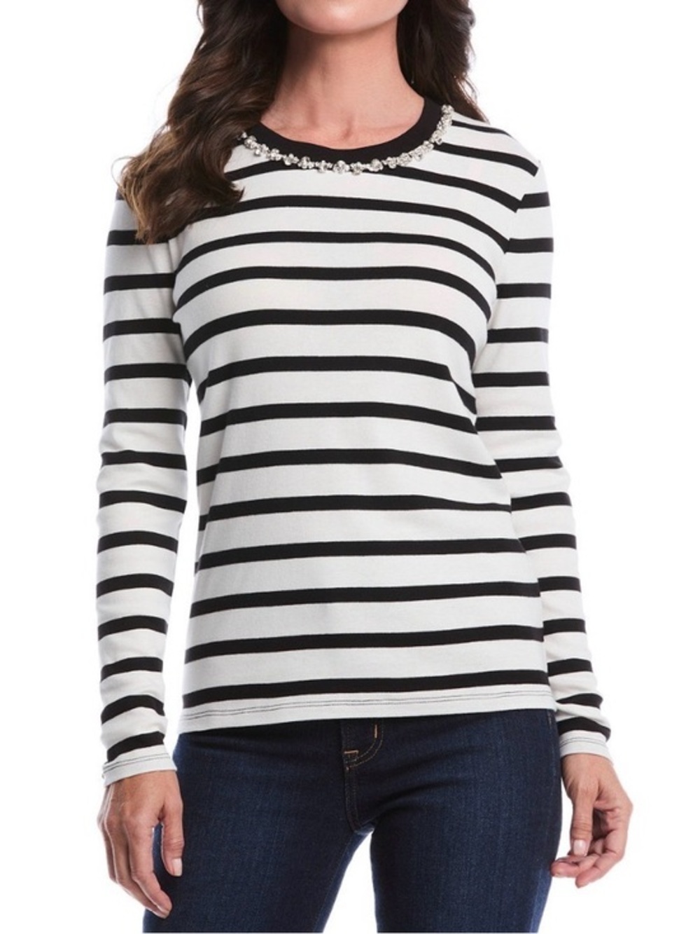 Rafaella Black & White Striped Long-Sleeve Top with Jewel Trim - Size Small